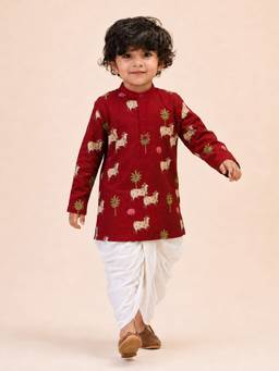 Vastramay - Maroon Cotton Printed Thigh Length Kurta And Dhoti