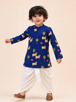 Vastramay - Navy Blue Cotton Block Print Thigh Length Kurta And Dhoti