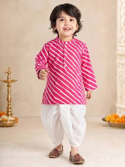 Vastramay - Pink Cotton Striped Thigh Length Kurta And Dhoti
