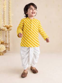Vastramay - Yellow Cotton Striped Thigh Length Kurta And Dhoti