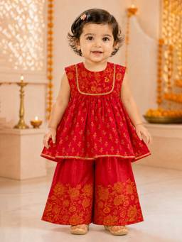 Vastramay - Falsa Chinon Floral Print Knee Length Kurta And Palazzo Set