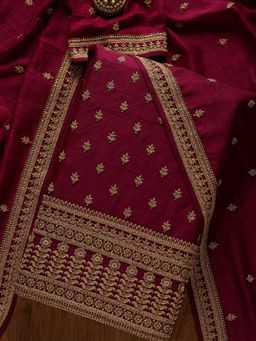 Koskii - Wine Stonework Raw Silk Unstitched Salwar Suit (Set of Three)
