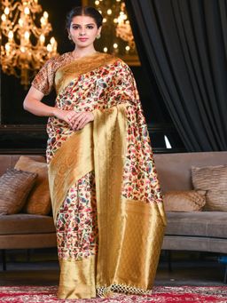 Beatitude - Multicolor Kashmiri Digital Print Blended Silk Zari Border Saree with Unstitched Blouse