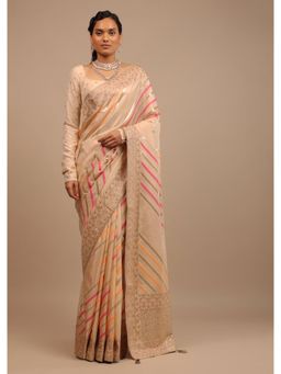 KALKI FASHION - Cream Saree with Multi Colored Woven Stripes and Floral Border with Unstitched Blouse
