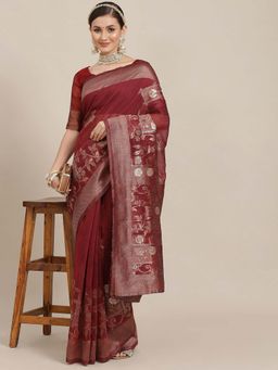 Sareemall - Women Cotton Blend Maroon Designer Saree with Unstitched Blouse