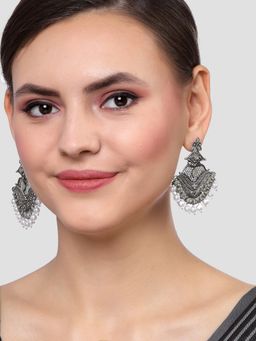 Karatcart - Antique Silver Plated Grey Monalisa Stone Studded Dangler Earrings for Women