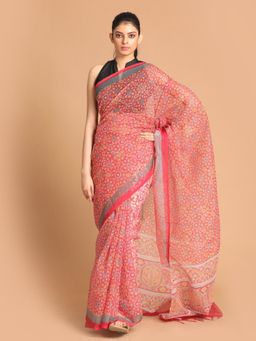 Indethnic - Magenta Printed Super Net Saree with Unstitched Blouse