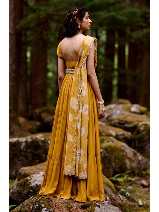 Buy Paulmi & Harsh Ochre Yellow 3-Layered Maxi Dress (Set of 3) Online