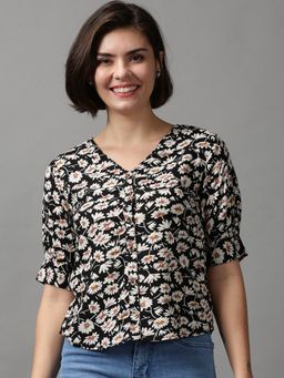 SHOWOFFFF - Women's Floral V-neck Black Shirt Style Regular Top