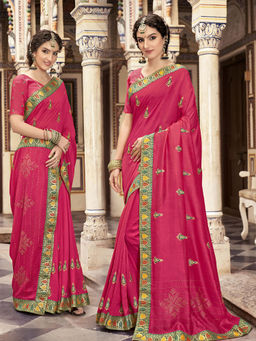 Odette - Pink Vichitra Embroidered Saree with Unstitched Blouse