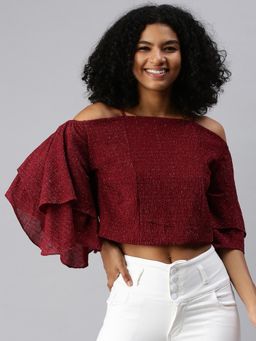 SHOWOFFFF - Women Shoulder Straps Flare Sleeves Self Design Maroon Crop Top