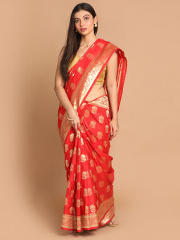 Indethnic - Banarasi Red Woven Design Festive Wear Saree With Unstitched Blouse