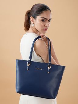 Caprese - Women Blue Solid Faux Leather 16 Inch Large Laptop Tote Bag