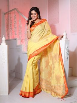 CHARUKRITI - Light Yellow Silk Matka Handwoven Saree with Fish Motifs with Unstitched Blouse