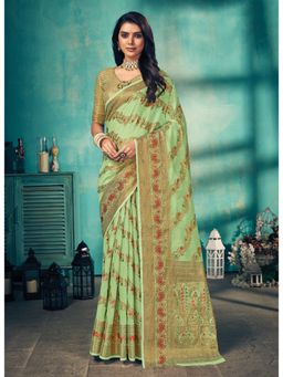 Sangam Prints - Light Green Woven Work Traditional Saree with Unstitched Blouse
