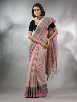 CHARUKRITI - Pink Tissue Handwoven Soft Saree with Texture Designs & Unstitched Blouse