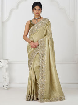 Odette - Olive Viscose Silk Embellished Saree with Unstitched Blouse
