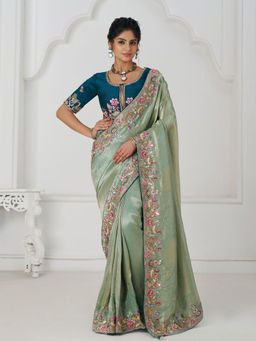 Odette - Light Green Viscose Silk Embroidered Saree with Unstitched Blouse