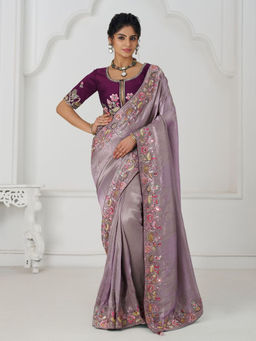 Odette - Lavender Viscose Silk Embroidered Saree with Unstitched Blouse