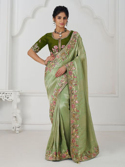 Odette - Light Green Viscose Silk Embroidered Saree with Unstitched Blouse