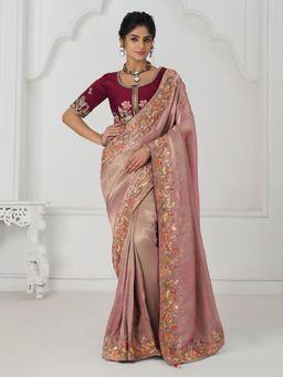 Odette - Peach Viscose Silk Embroidered Saree with Unstitched Blouse