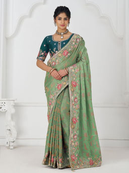 Odette - Light Green Viscose Silk Embroidered Saree with Unstitched Blouse