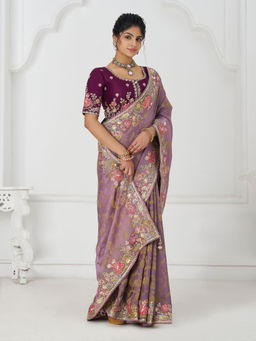 Odette - Lavender Viscose Silk Embroidered Saree with Unstitched Blouse