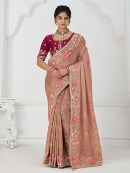 Odette - Peach Viscose Silk Embroidered Saree with Unstitched Blouse