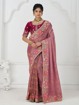 Odette - Pink Viscose Silk Embroidered Saree with Unstitched Blouse