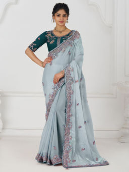 Odette - Sky Blue Viscose Silk Embroidered Saree with Unstitched Blouse