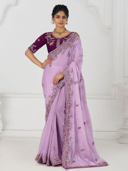 Odette - Lavender Viscose Silk Embroidered Saree with Unstitched Blouse