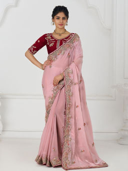 Odette - Light Pink Viscose Silk Embroidered Saree with Unstitched Blouse