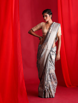 Beatitude - Grey Banarasi Saree with Unstitched Blouse