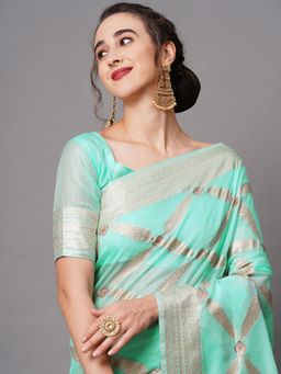 Sareemall - Sky Blue Festive Silk Blend Woven Design Saree with Unstitched