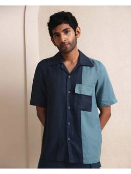 B Label - Navy Blue Cuban Collar Aqua Colorblock Shirt