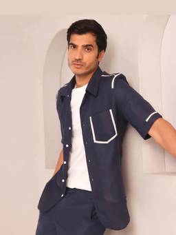 B Label - Navy Blue Relaxed Cuban Collar Palm Shirt