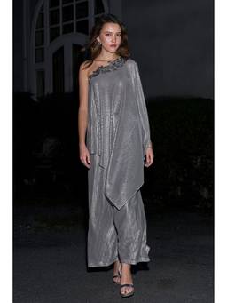 dash and dot - Silver One Shoulder Lace Cape with Cutwork