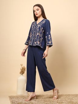 Gipsy - Royal Blue Linen Rich Top Trousers with Embroidery and Croatia Buttons (Set of 2)