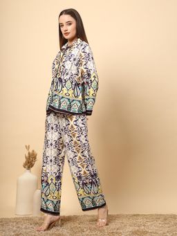 Gipsy - Purple Printed Satin Top Trousers with Diamond Buttons (Set of 2)