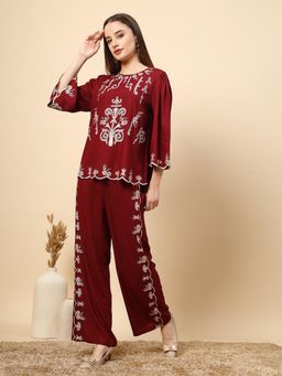Gipsy - Elegant Maroon Embroidered Top Trousers (Set of 2)