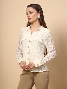Gipsy - White Lace Textured Shirt with Fabric Buttons
