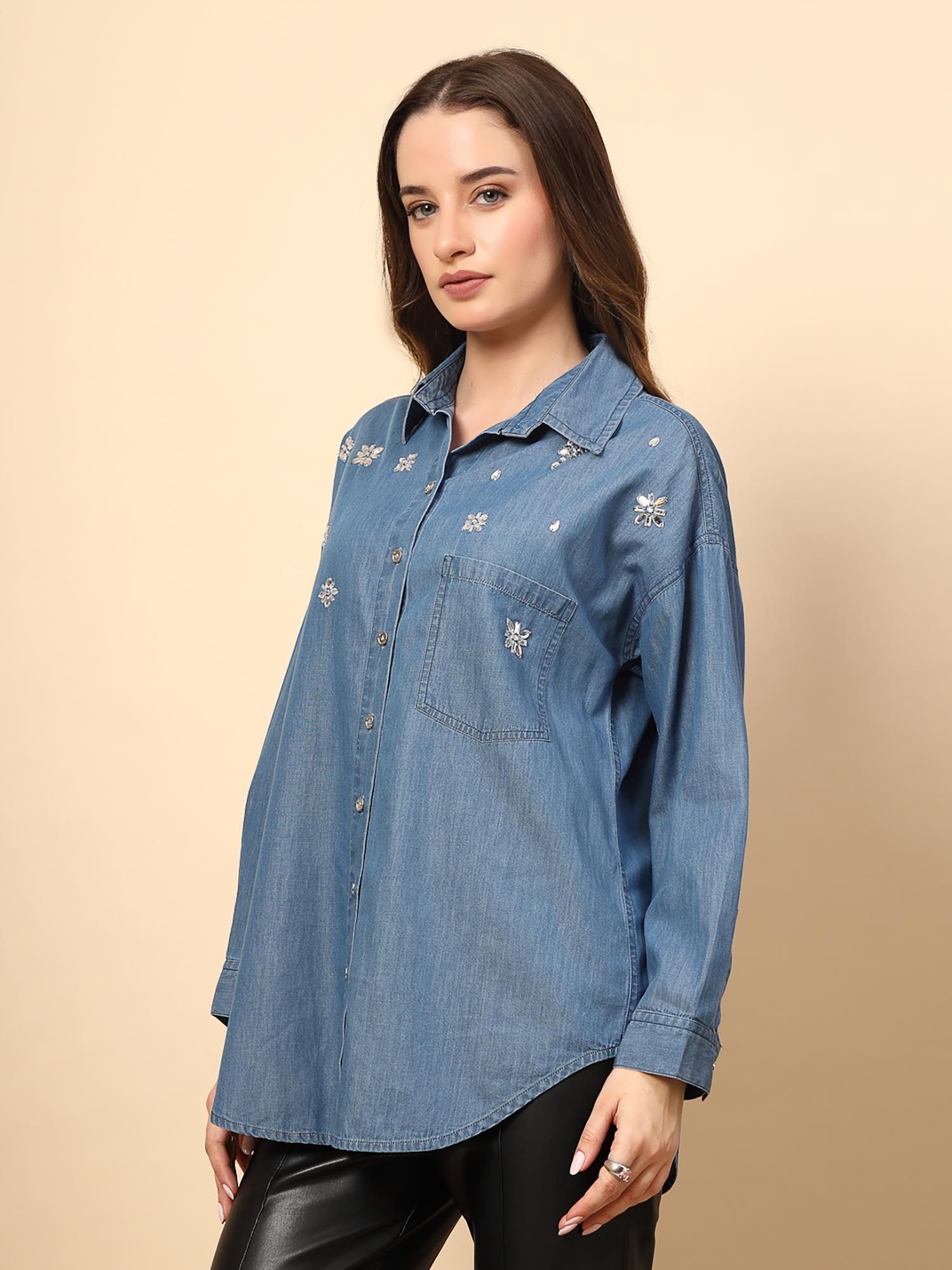 トップス psy Buy Gipsy Steel Blue Denim Shirt with Mirror Work and Embellished