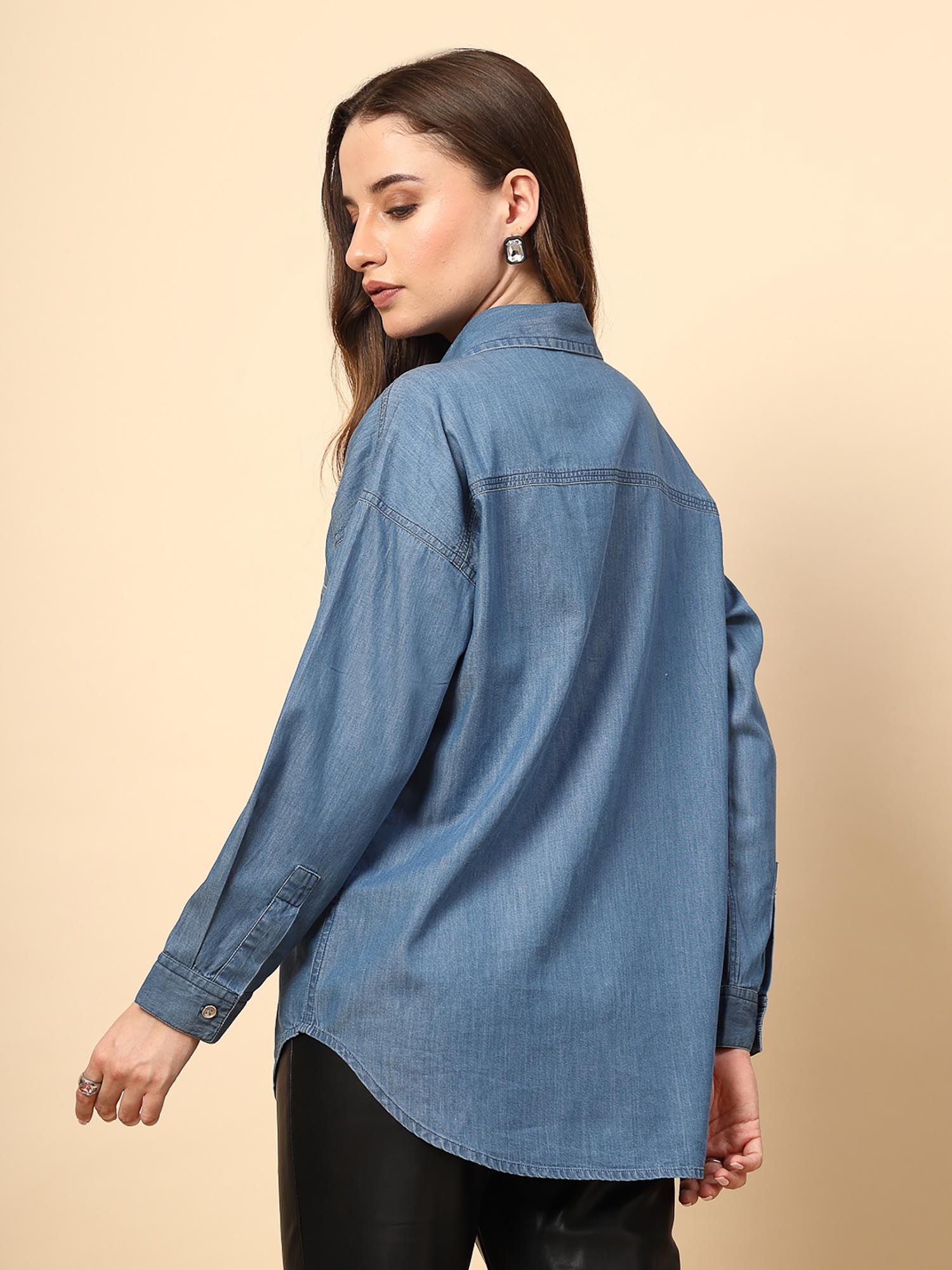 Buy Gipsy Steel Blue Denim Shirt with Mirror Work and Embellished