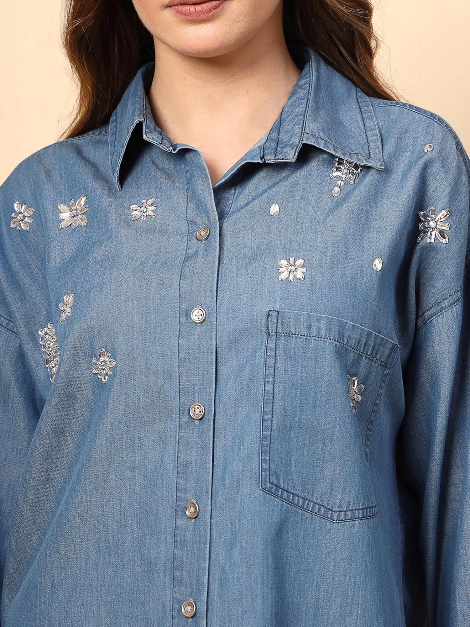 Buy Gipsy Steel Blue Denim Shirt with Mirror Work and Embellished