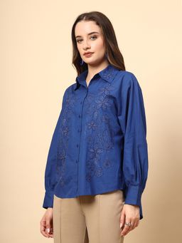 Gipsy - Cobalt Blue Cotton Shirt with Embroidery