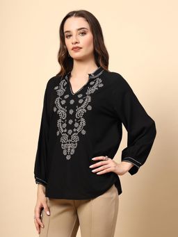Gipsy - Black Rayon Top with Embroidery Embellished Front