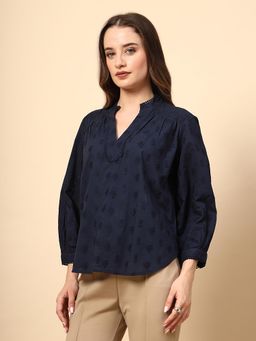 Gipsy - Navy Top with Front Smoking and Lace Attachment