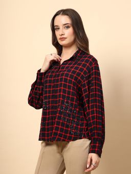 Gipsy - Red Navy Rayon Shirt with Fabric Buttons and Embroidery