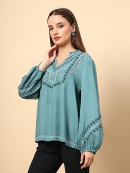 Gipsy - Sage Blue Rayon Top with Embroidery