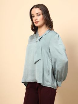 Gipsy - Sage Blue Top with Neck Tie and Attractive Brooch